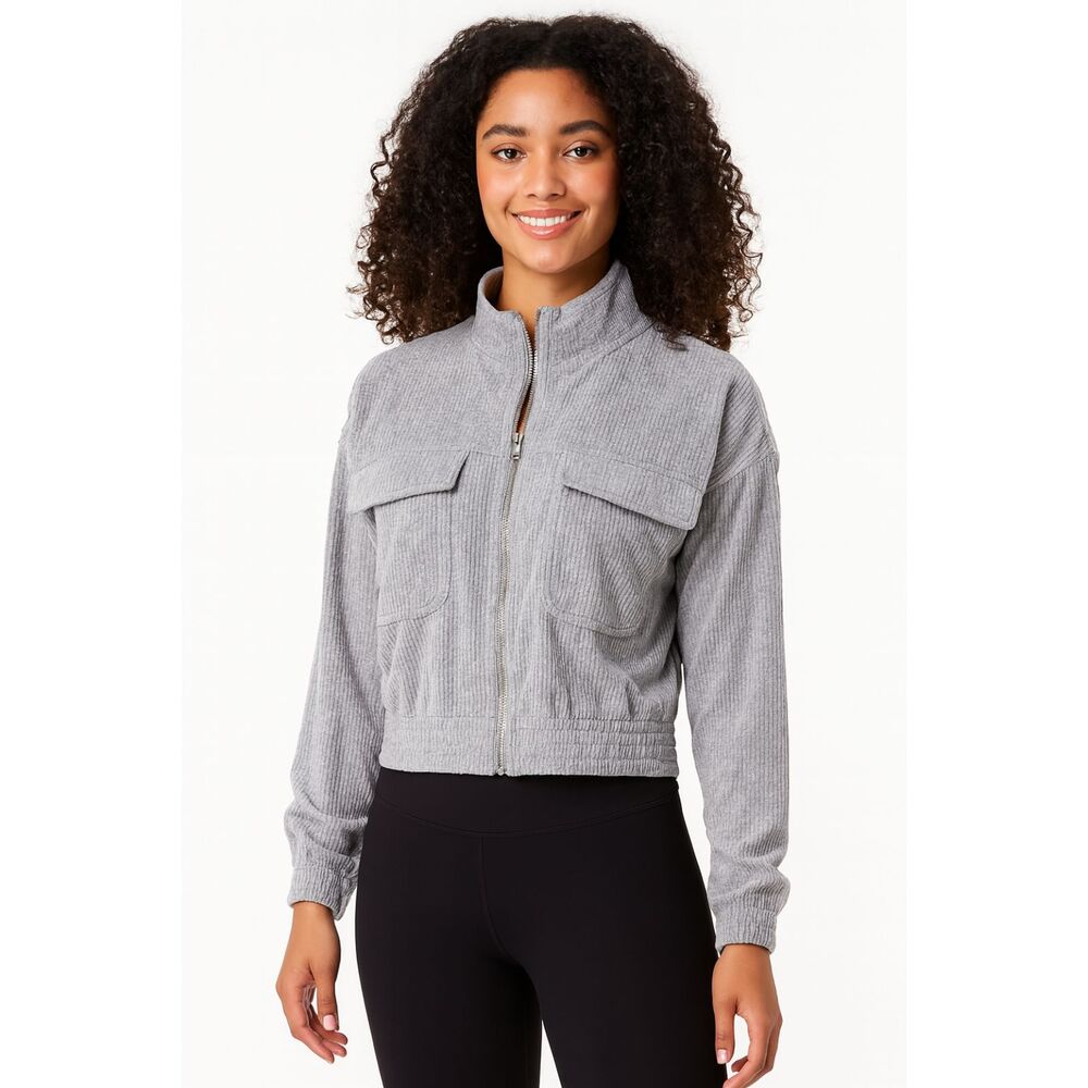 Aerie Corduroy Velour Cropped Zip Up Jacket Light Gray Soft Stretch Women’s M